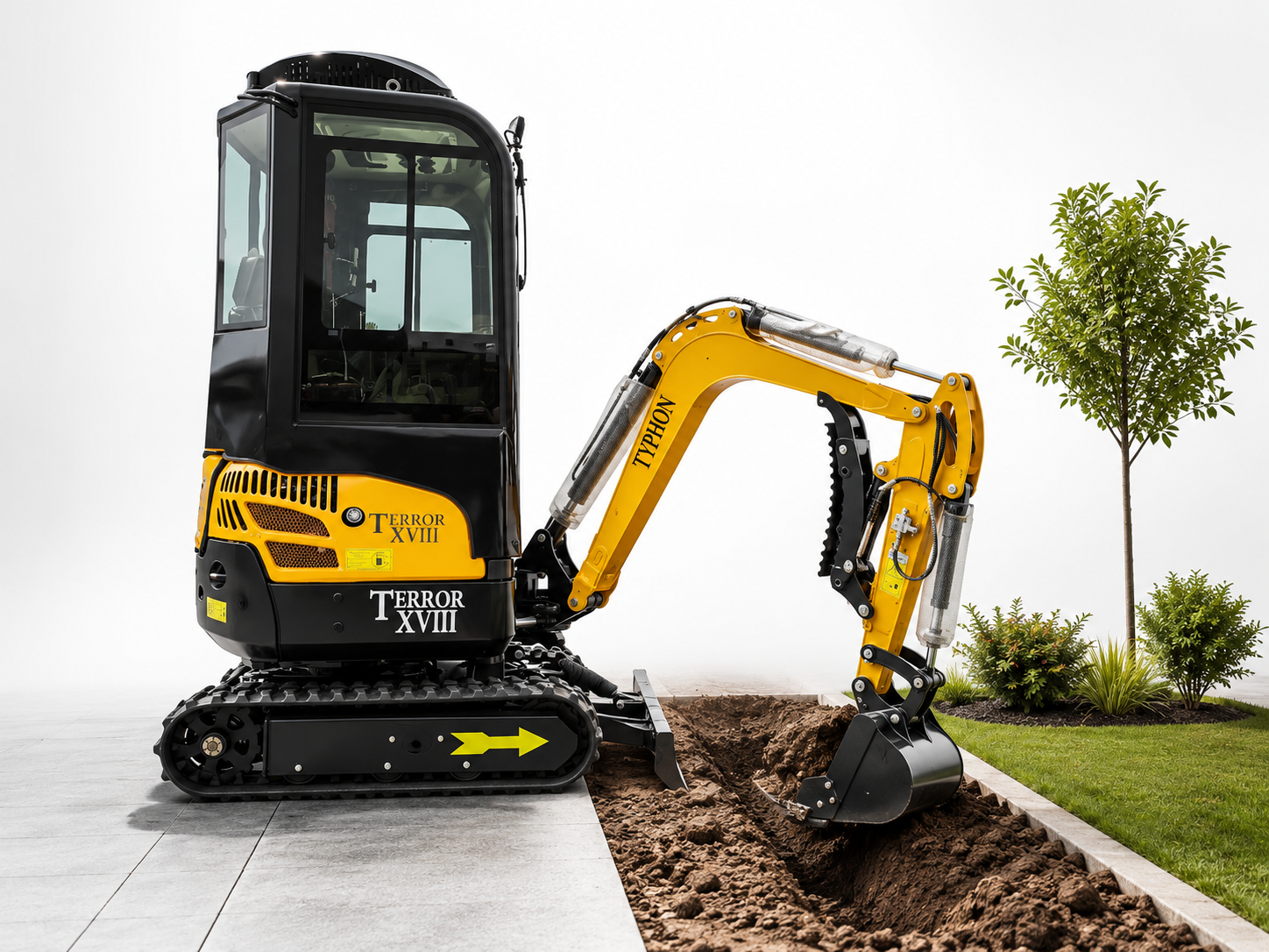 TYPHON TERROR XVIII Prestige mini excavator digging a narrow landscaping trench