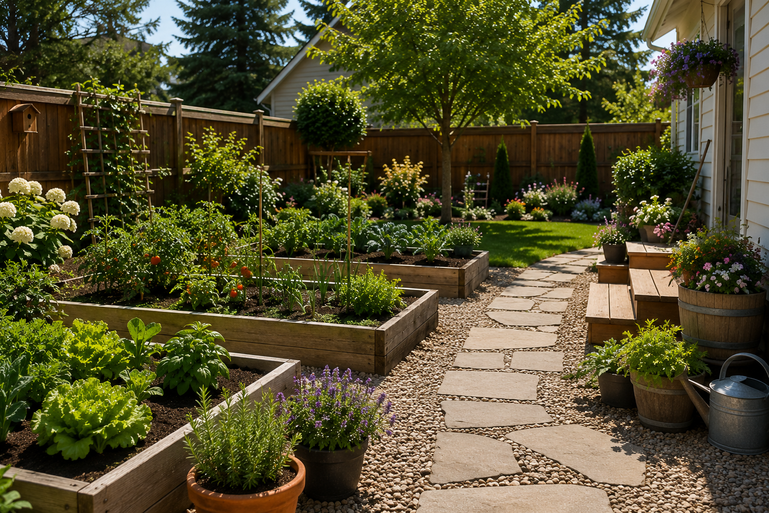Residential garden and cleanup work area with soil, plants and renovation space