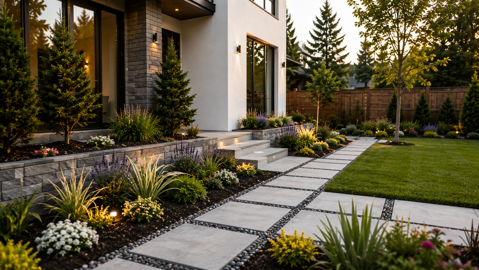 Modern residential home landscaping with paver pathway, garden beds and lighting