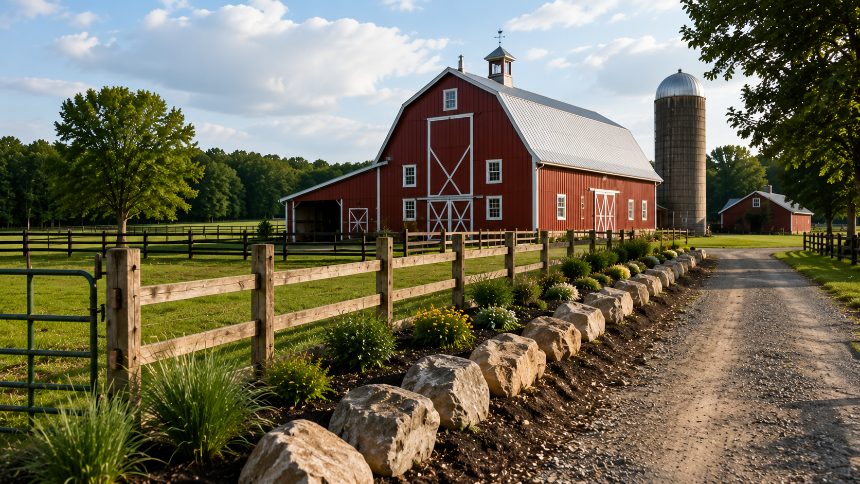 Rural farm property with barn, gravel road, fence and rock border