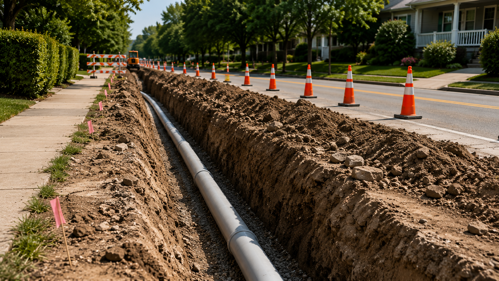Suburban trench with pipe installation and roadside safety cones
