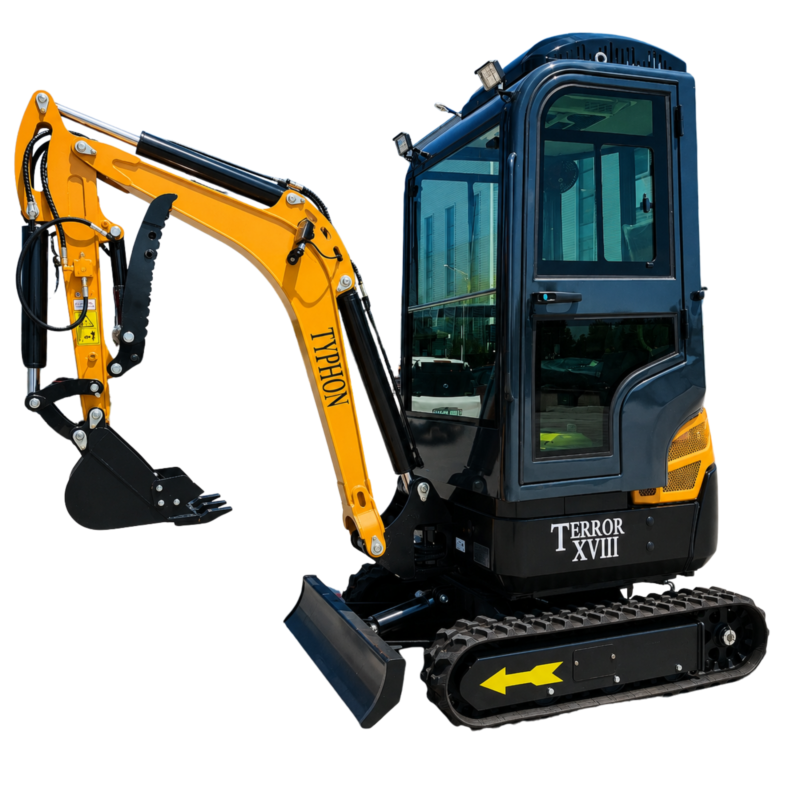 TYPHON TERROR XVIII Prestige mini excavator with enclosed cabin, rubber tracks, hydraulic thumb and front dozer blade