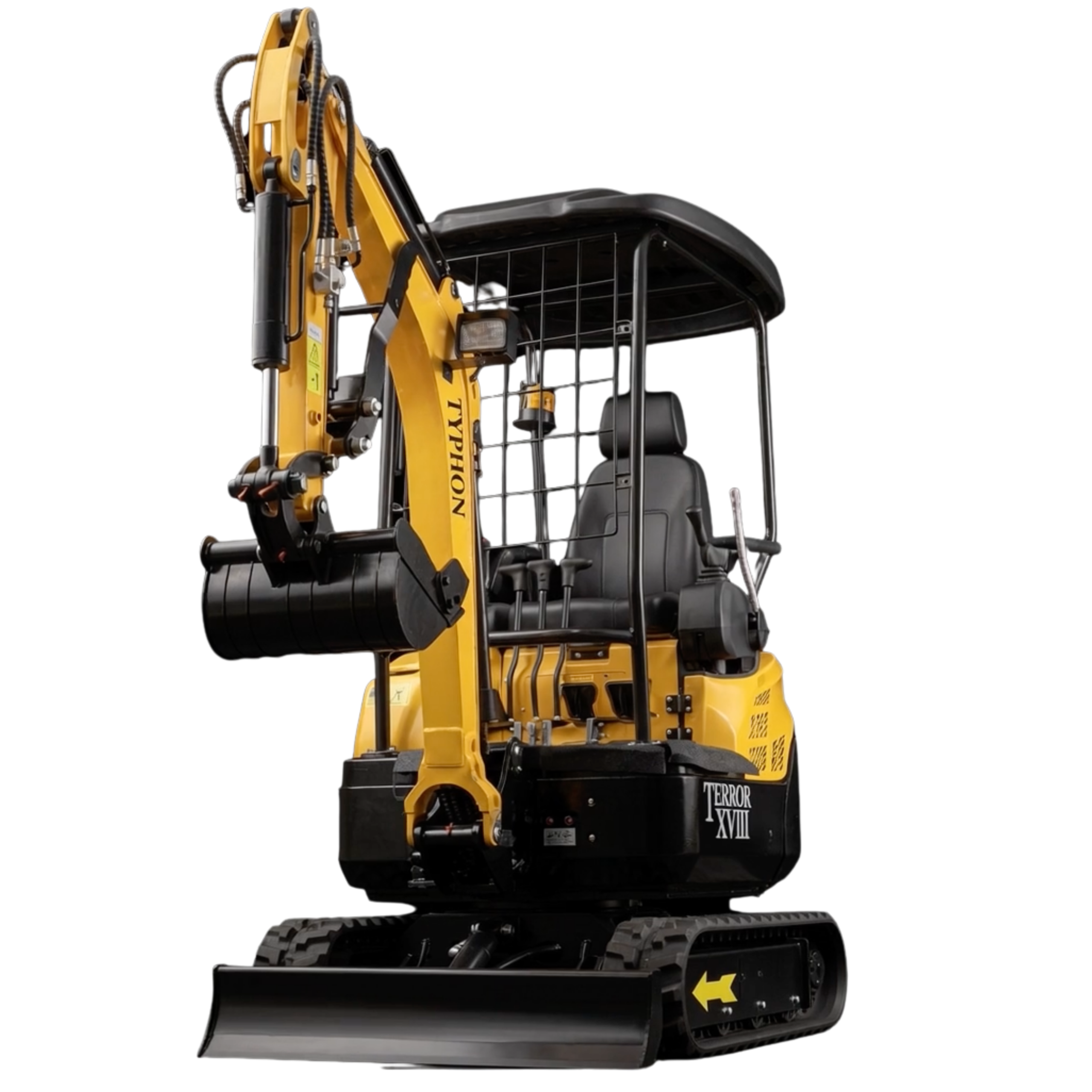 TYPHON TERROR XVIII compact mini excavator canopy model with rubber tracks, bucket and front dozer blade