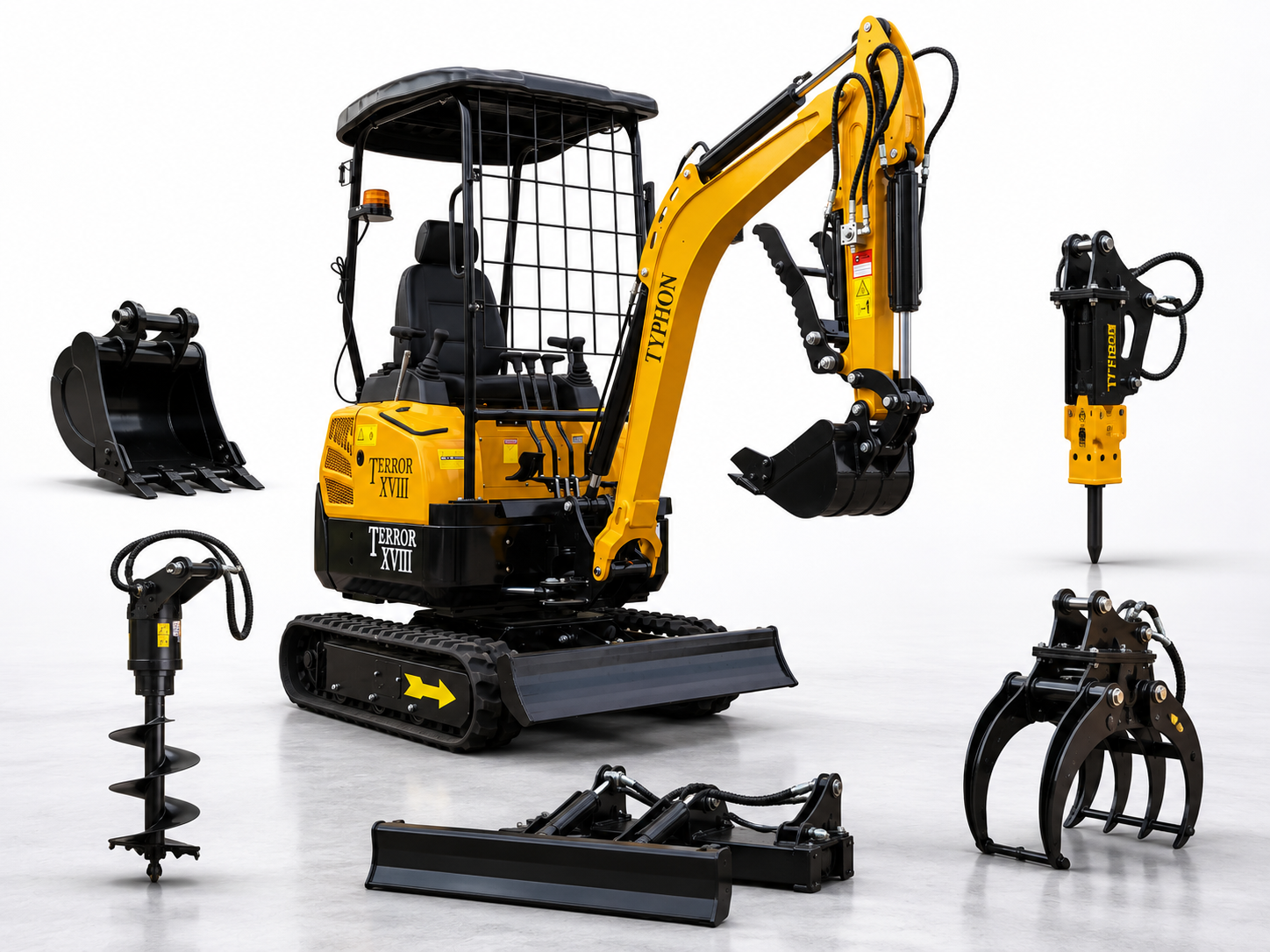 TYPHON TERROR XVIII mini excavator with compatible equipment attachments