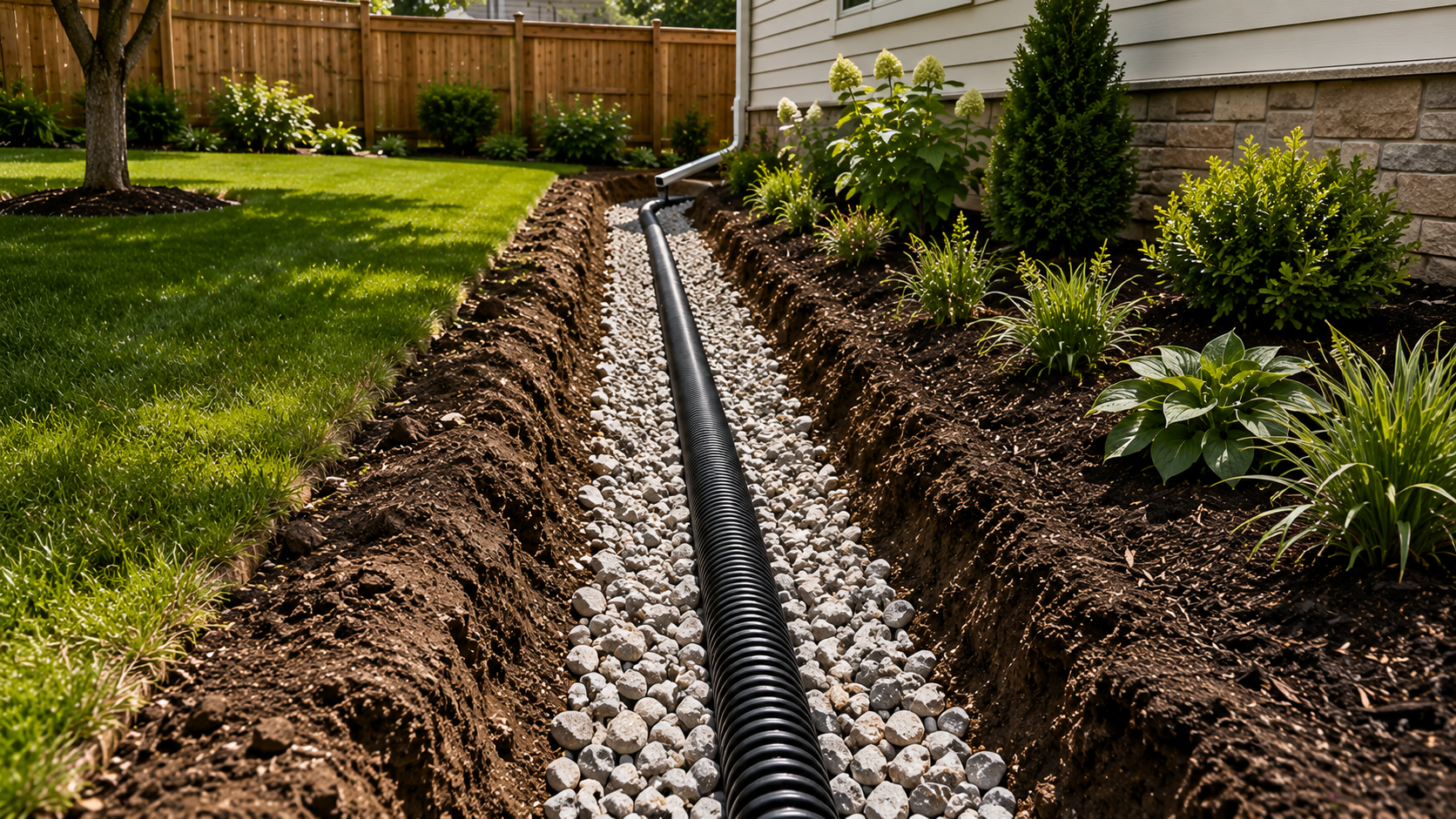 Backyard drainage trench with corrugated pipe and gravel beside a house