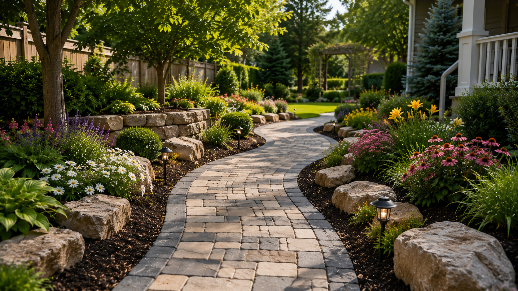 Curved stone pathway surrounded by landscaped garden beds and lighting